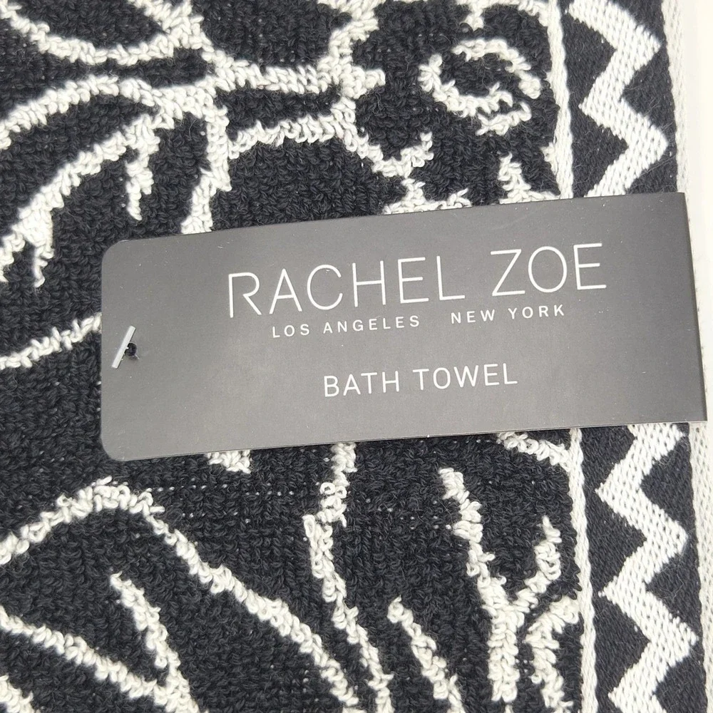 Rachel Zoe Black Ecru Floral Reversible Cotton Towel Set 4pc 2 Bath 2 Hand